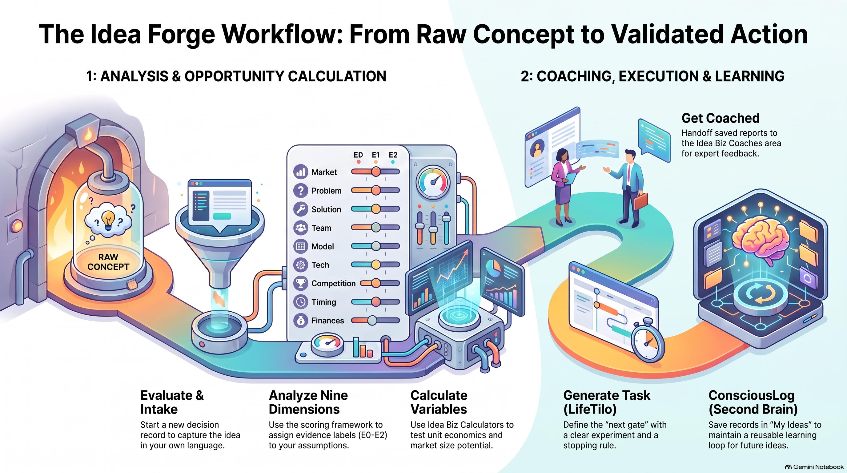Your Idea Forge workflow: validate, label evidence, calculate opportunity and get coached